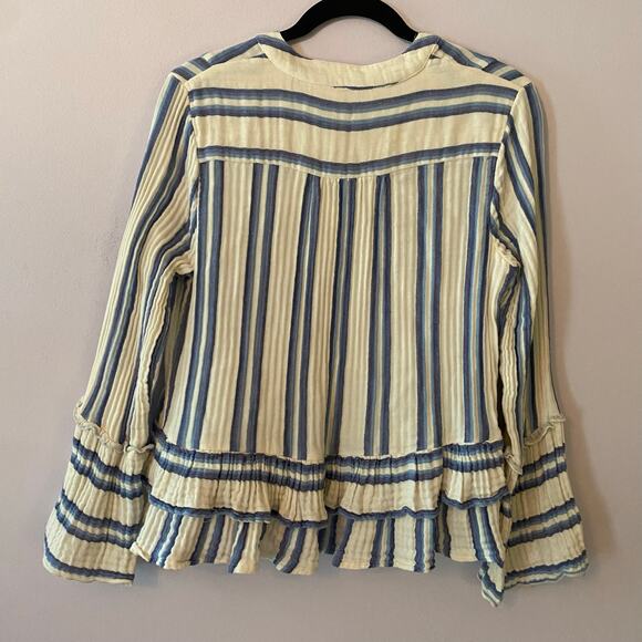 Faherty Women size Small Vida Baja Blue White Stripe Cotton Flowy V-neck Blouse - Picture 7 of 10